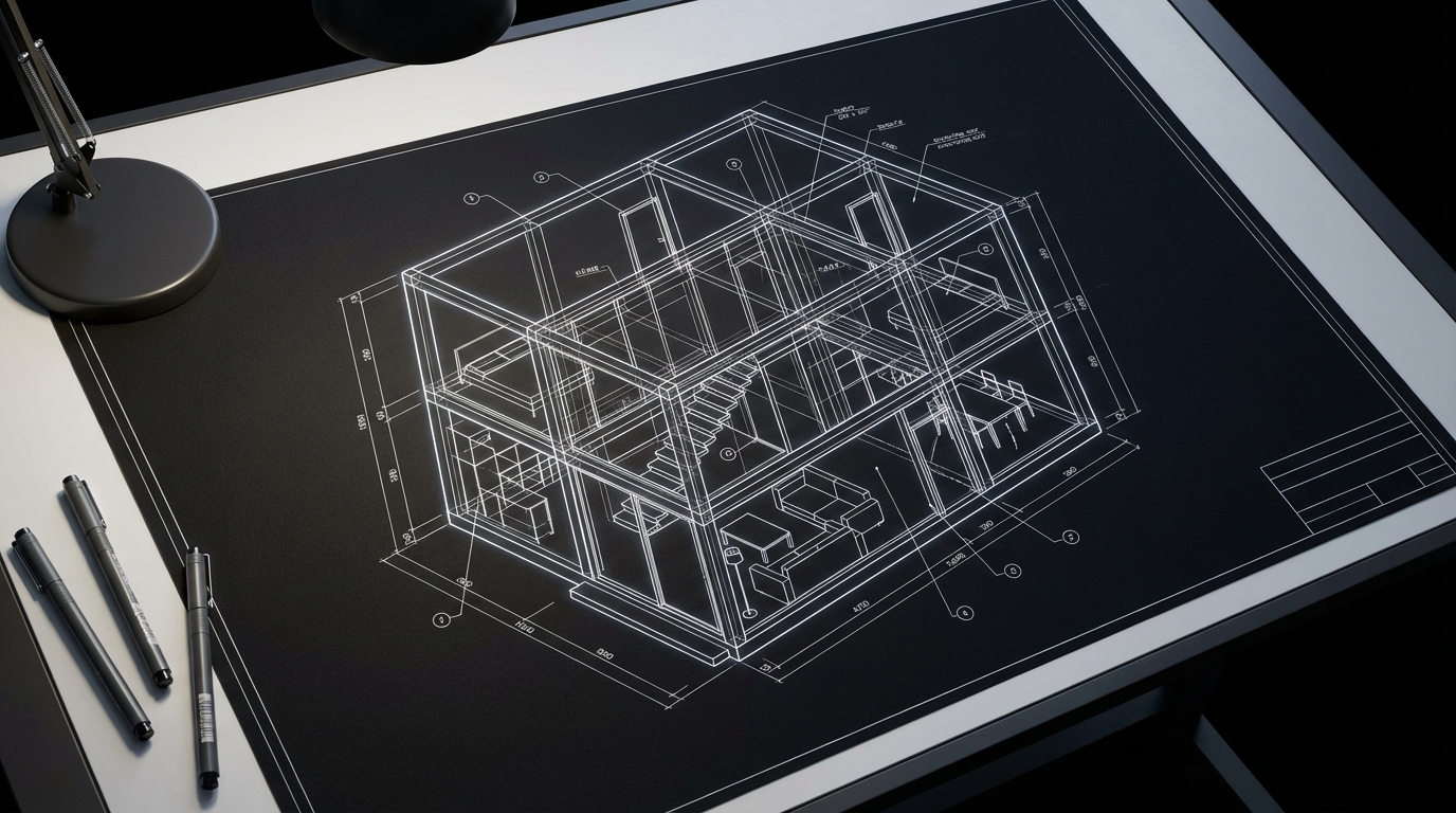 isometric interior design wireframe, digital construction, minimalist, blueprint style, white lines on black background, technical drawing