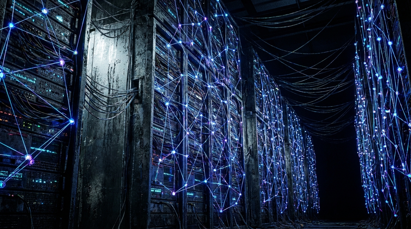 digital network connection nodes, massive scale, blue and purple lights, cybernetic, server room, high contrast flash photography, grunge texture