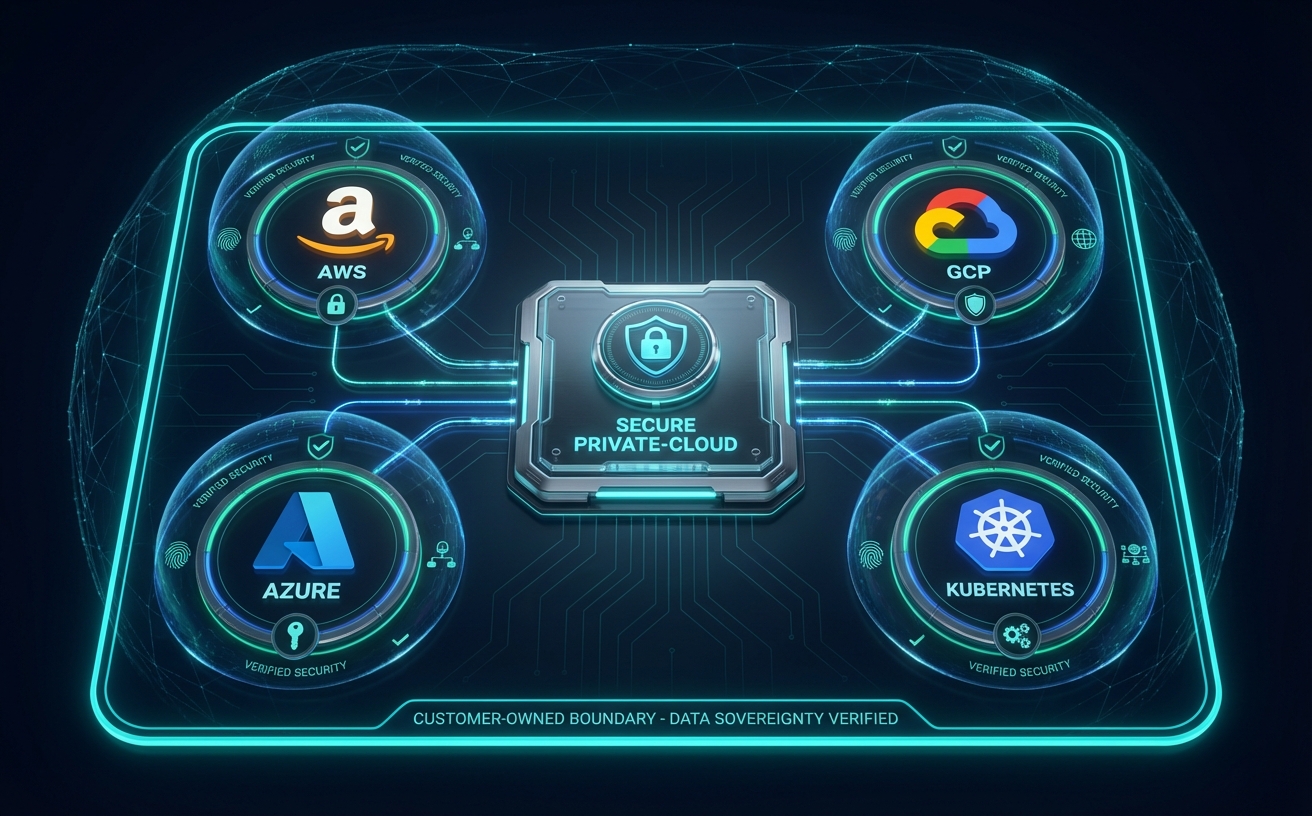 Secure private-cloud themed scene with a central platform panel connected to AWS, GCP, Azure, and Kubernetes icons inside a protected customer-owned boundary; dark mode, minimal, trustworthy security aesthetic.