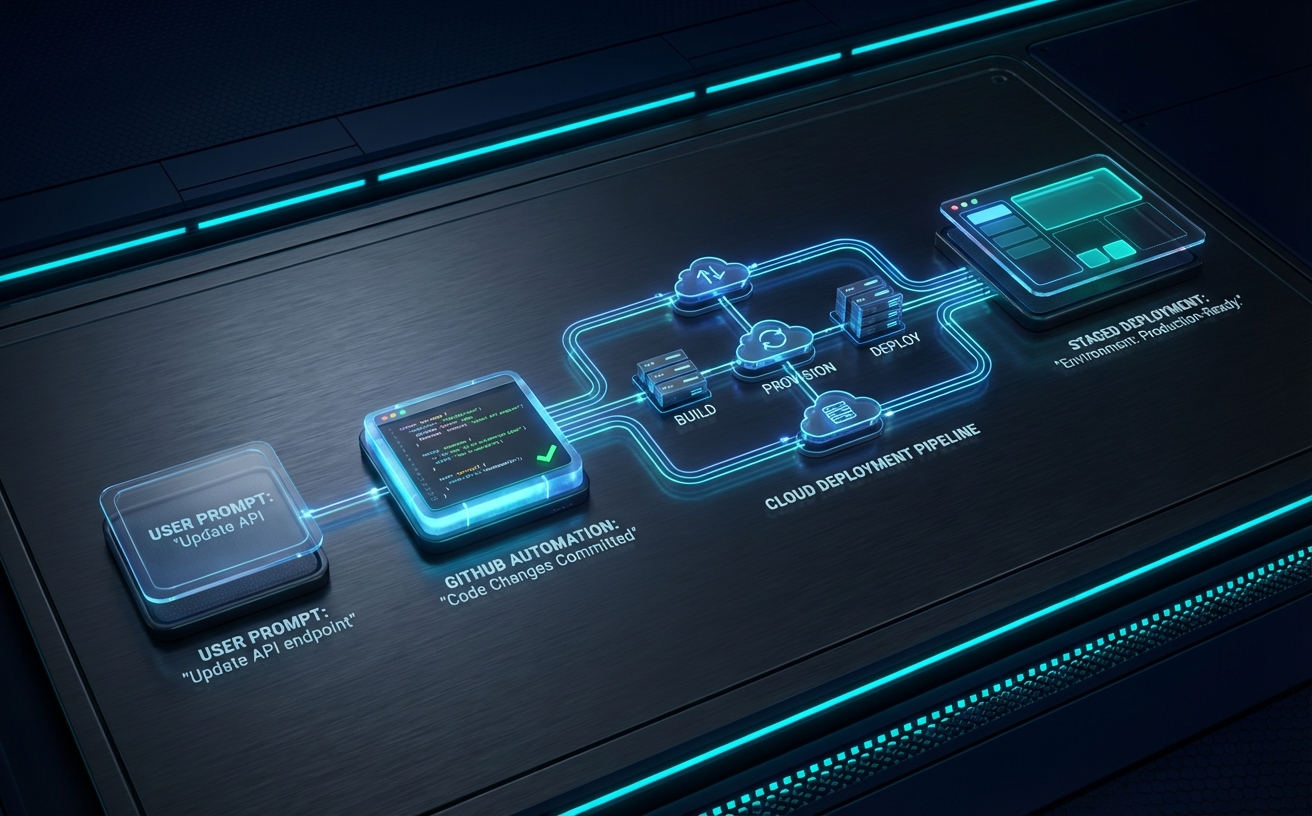 Dark premium futuristic product visual showing a flow from text prompt to GitHub code changes to cloud deployment pipeline; navy and black base with subtle cyan glow; cinematic depth; enterprise-grade mood.