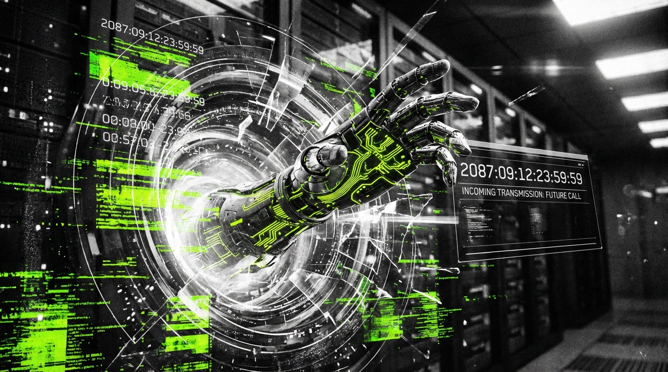 futuristic digital portal calling from the future, time travel interface, cybernetic hand reaching out, data streams, high contrast black and white with acid green glitch effects, cinematic sci-fi rendering