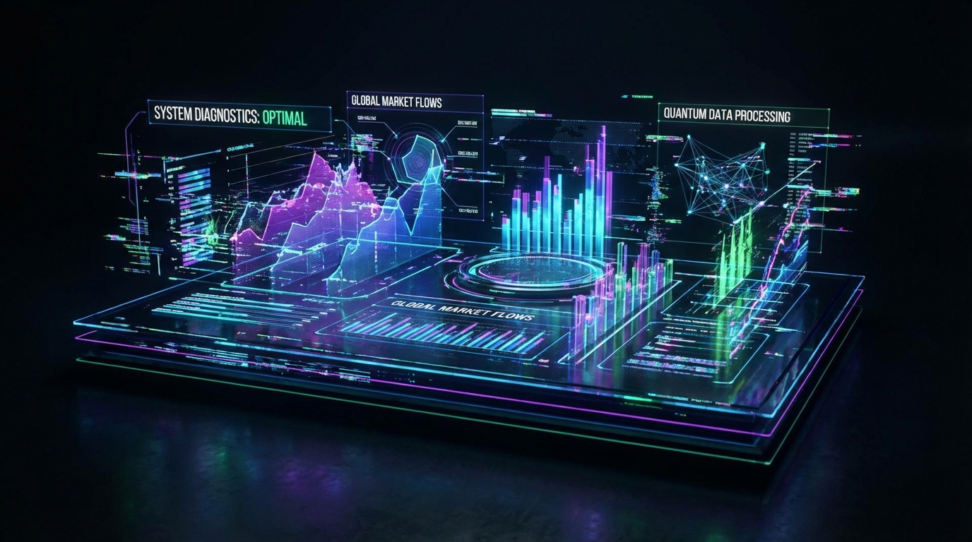 data analysis dashboard holographic interface, futuristic charts, dark mode, glitch effect, cybernetic hud, complex data visualization, neon accents