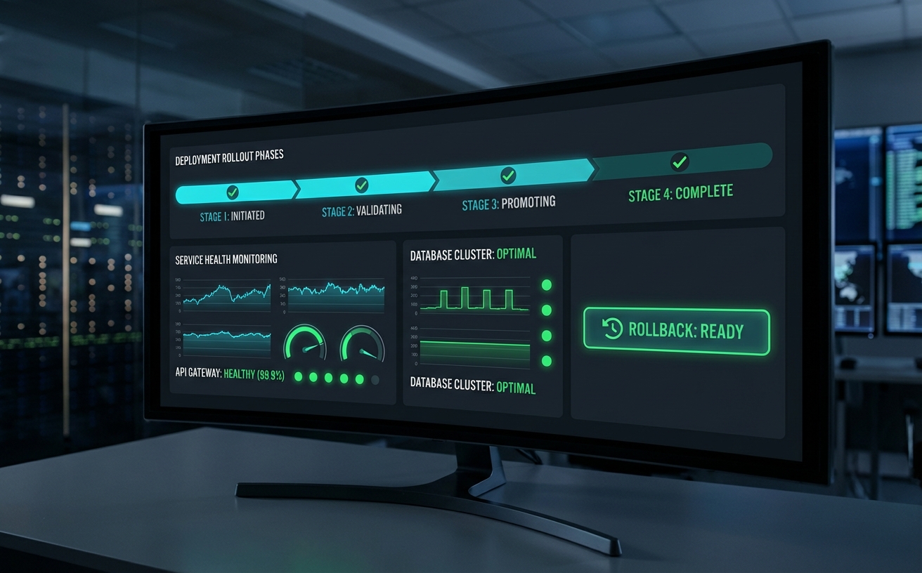 Operations control-room style dashboard showing rollout stages, service health, and rollback button with green status signals; dark cinematic UI, high contrast typography, subtle cyan accents, no clutter.